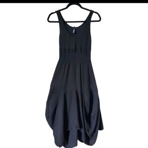 Inizio Italy Black 100% Linen Lagenlook Bubble Hem Midi Dress Womens S Art  Wear